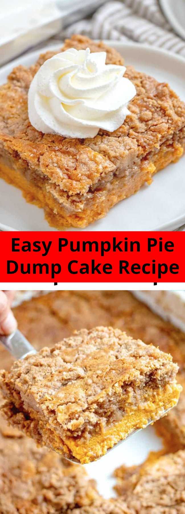 Easy Pumpkin Pie Dump Cake Recipe - Pumpkin Pie Dump Cake gets it’s name by dumping the ingredients into the baking dish. It is like a pumpkin pie and a spice cake all in one! #Pumpkin #Pie #DumpCake #Fall #Dessert
