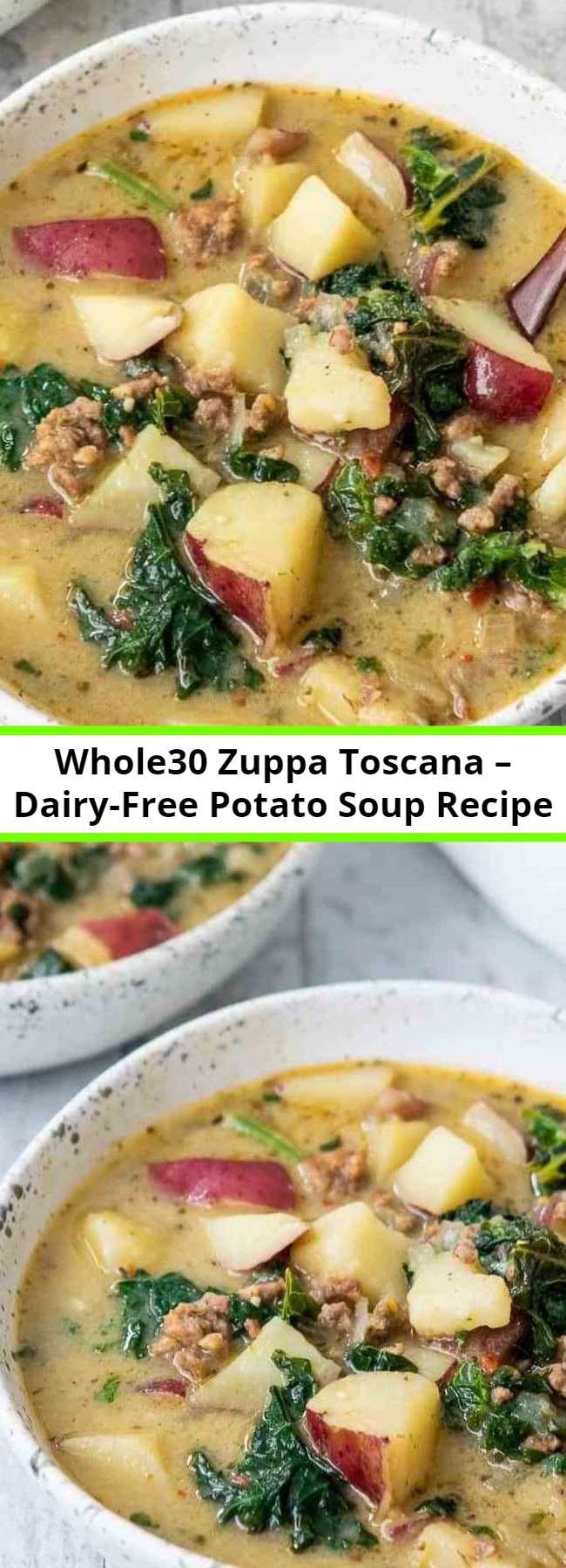 Whole30 Zuppa Toscana – Dairy-Free Potato Soup Recipe - Cozy up to this Whole30 Zuppa Toscana tonight! Packed with potatoes, sausage and fresh crunchy kale swimming in a lightly spiced broth, you’ll think you’re at Olive Garden (minus the guilt)! You’ll fall in love with this healthy, dairy-free, gluten-free Olive Garden Zuppa Toscana copycat recipe once you give it a try.