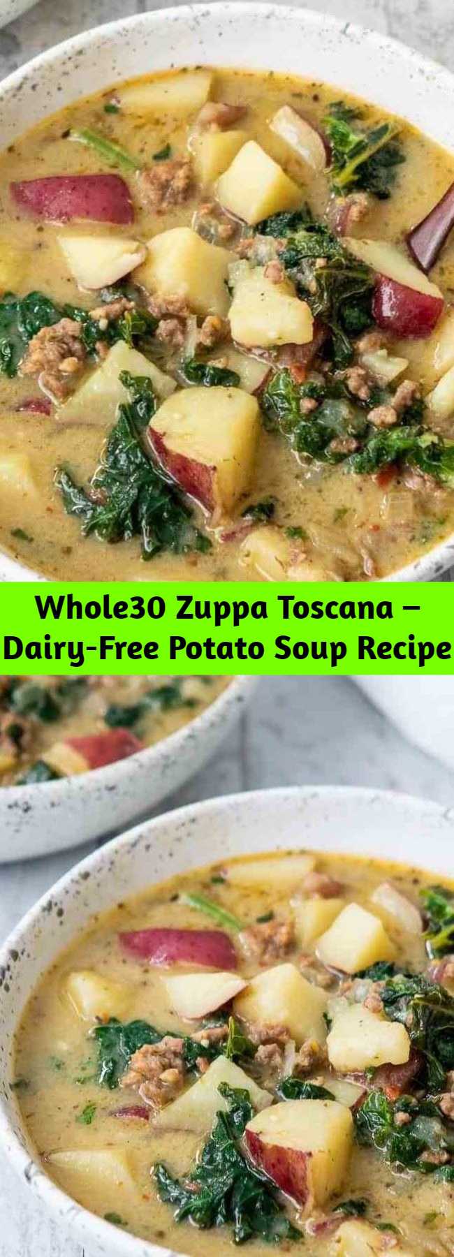 Whole30 Zuppa Toscana – Dairy-Free Potato Soup Recipe - Cozy up to this Whole30 Zuppa Toscana tonight! Packed with potatoes, sausage and fresh crunchy kale swimming in a lightly spiced broth, you’ll think you’re at Olive Garden (minus the guilt)! You’ll fall in love with this healthy, dairy-free, gluten-free Olive Garden Zuppa Toscana copycat recipe once you give it a try.
