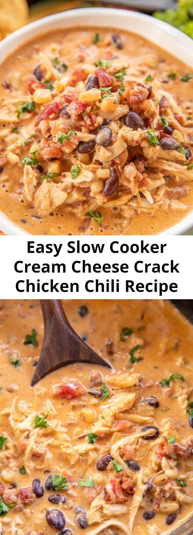 Easy Slow Cooker Cream Cheese Crack Chicken Chili Recipe - this stuff is AMAZING! We’ve made it 3 times this month! We can’t get enough of it!!! Chicken, corn, black beans, chicken broth, diced tomatoes and green chiles, cumin, chili powder, onion, ranch seasoning, bacon and cheddar cheese. We served the chili with some cornbread and Fritos. PERFECT! This is already on the menu again this weekend! YUM! #crockpot #slowcooker #chili #chickenchili