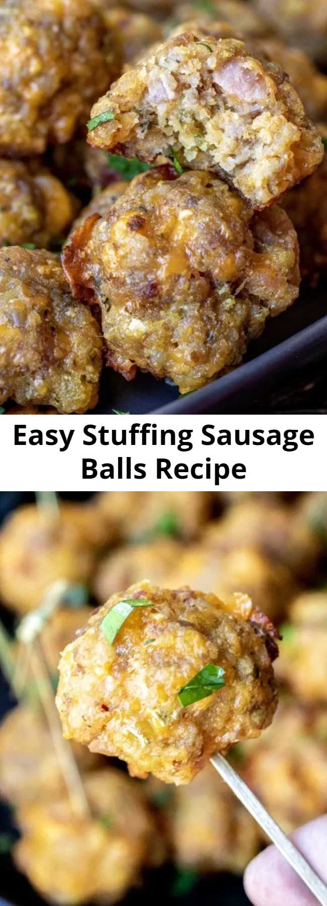 Easy Stuffing Sausage Balls Recipe - Stuffing Sausage Balls are an easy appetizer with all of the flavors of the holidays. Cheese, sausage, bacon, and stuffing are rolled together for one perfect bite! Perfect appetizer for Thanksgiving, Christmas, or New Year's Eve! #thanksgiving #appetizer #Christmas #Newyearseve #partyfood #sausage