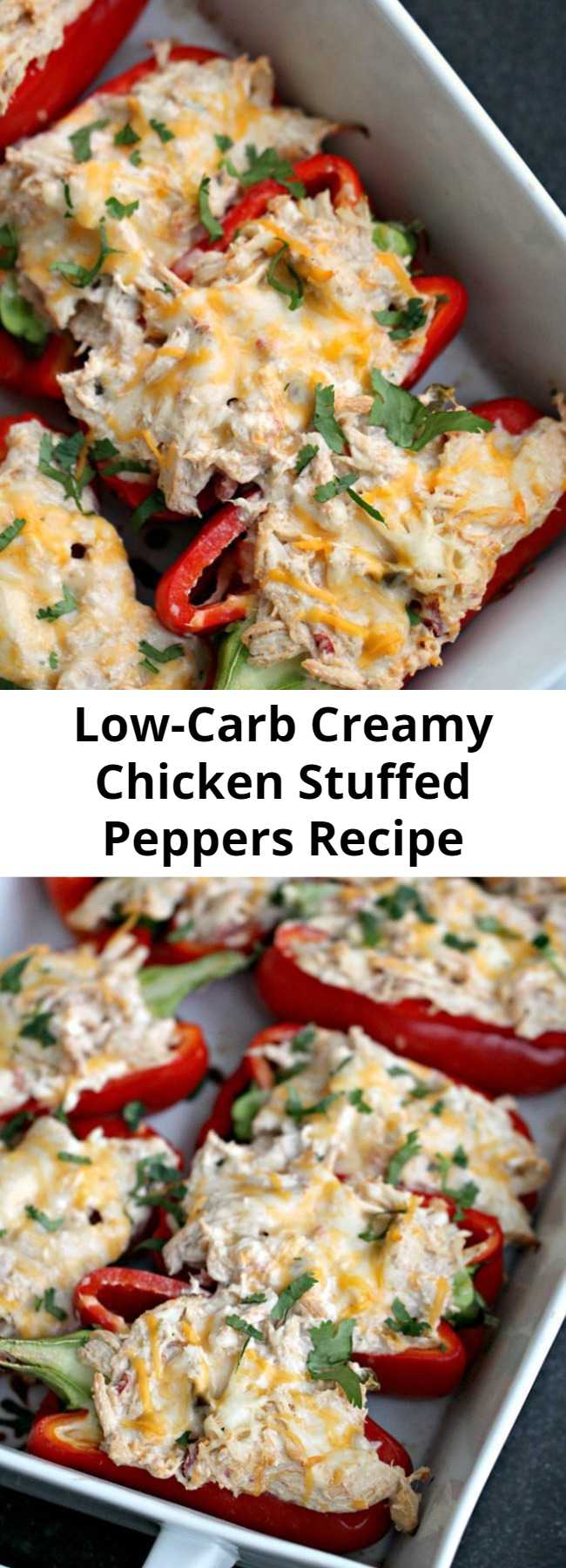 Low-Carb Creamy Chicken Stuffed Peppers Recipe - A delicious and healthy low-carb meal that’s ready in minutes. These Creamy Chicken Stuffed Peppers will soon become a favorite at your house. Made using chicken that has been cooked and shredded, light cream cheese, jalapeno, spices, and salsa and then topped with some fresh cilantro - it's low-carb dinner perfection!