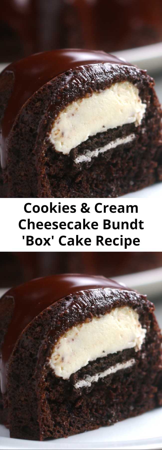 Cookies & Cream Cheesecake Bundt 'Box' Cake Recipe - Who could beat this Cheesecake Filled Chocolate Bundt Cake with its rich yet tender chocolate cake, surprise cheesecake filling, and thick fudgy glaze? YUM.