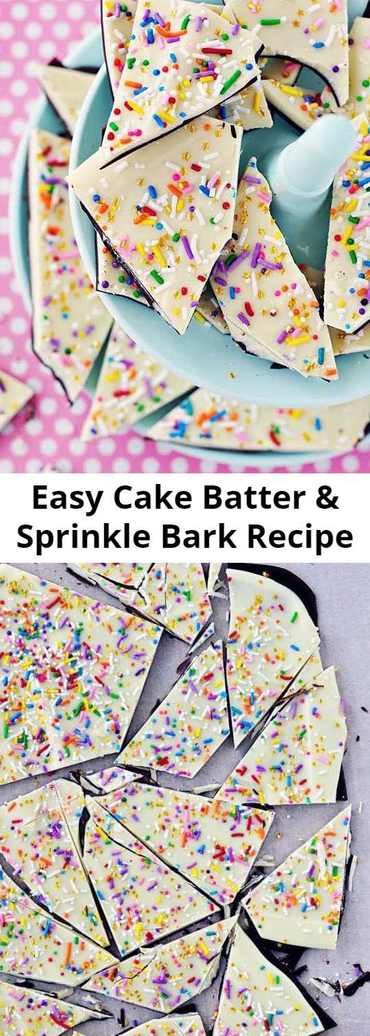 Easy Cake Batter & Sprinkle Bark Recipe - What’s so fabulous about this, aside from the obvious delightfulness, is that it took me 5 minutes active time to make this (and about 5 to eat it–whoops). And about bark recipes in general: you take existing chocolate, melt it down, spread it out, add some bits & bites of yumminess, set it, break it and . . . ta-da!