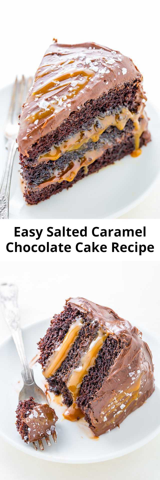 Easy Salted Caramel Chocolate Cake Recipe - Three layers of Salted Caramel Chocolate Cake slathered in homemade Chocolate Frosting. This Salted Caramel Chocolate Cake is moist and sinfully decadent! So if you love chocolate and caramel, you’ll LOVE this easy recipe for how to make Chocolate Caramel Cake!
