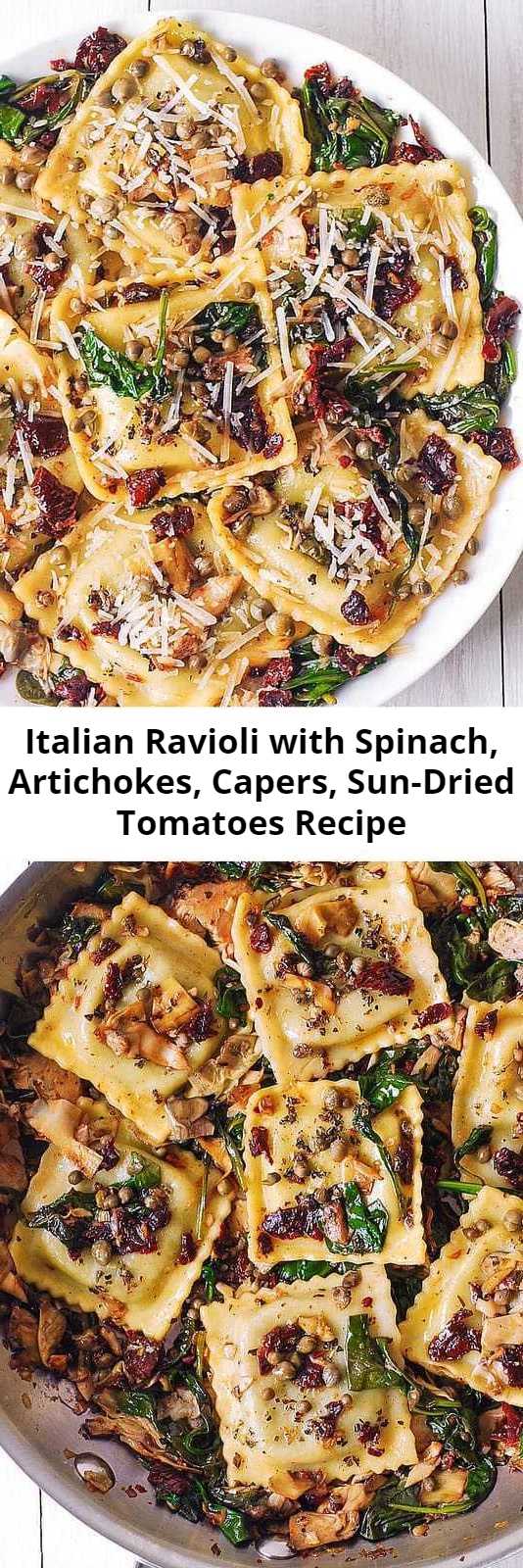 Italian Ravioli with Spinach, Artichokes, Capers, Sun-Dried Tomatoes Recipe - Italian Ravioli with Spinach, Artichokes, Capers, Sun-Dried Tomatoes. The vegetables are sautéed in garlic and olive oil. Meatless, refreshing, Mediterranean style pasta recipe that doesn't need any meat - this meal will keep you full!
