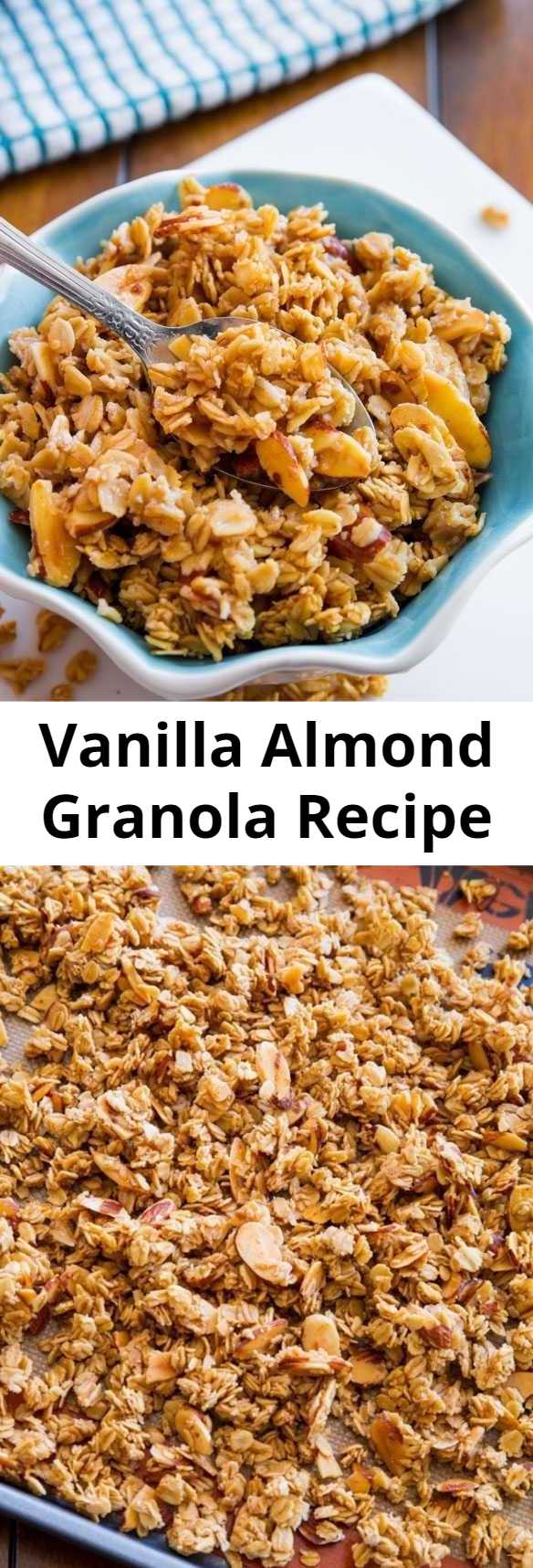 Vanilla Almond Granola Recipe - Sweet, sticky, and crunchy granola exploding with vanilla and almond flavors. Ditch store-bought, healthy homemade granola is easy! This recipe is vegan and gluten free (if using certified GF oats).