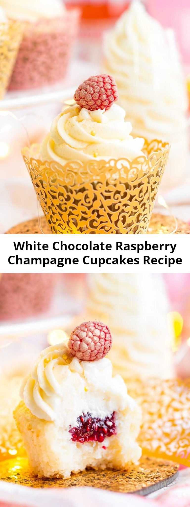 White Chocolate Raspberry Champagne Cupcakes Recipe - These White Chocolate Raspberry Champagne Cupcakes are perfect for New Year’s Eve, Bridal and Baby Showers, and Valentine’s Day! Light and fluffy white chocolate cake filled with raspberry filling and topped with a luscious champagne buttercream!