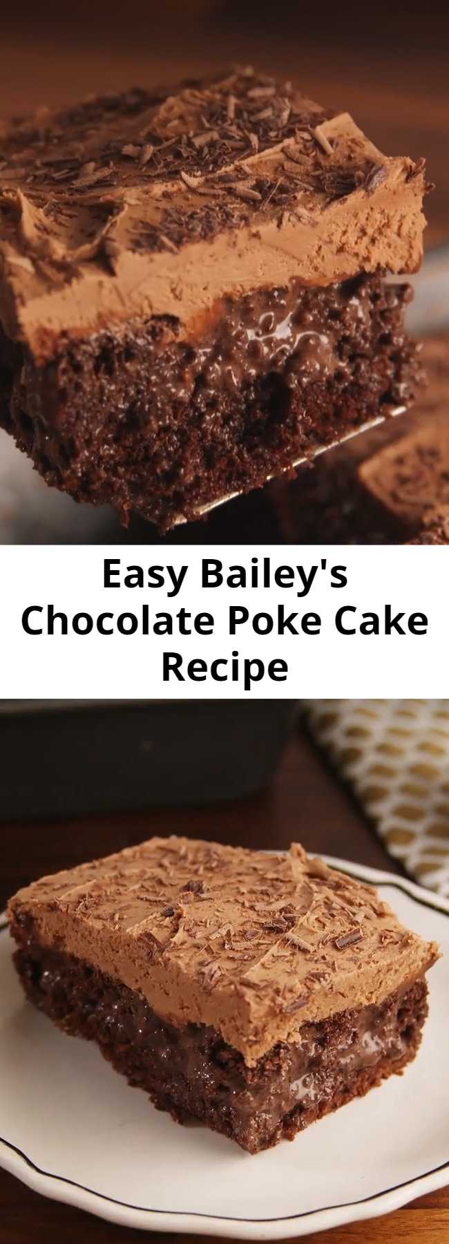 Easy Bailey's Chocolate Poke Cake Recipe - Chocolate on chocolate. Step up your boxed chocolate cake mix with Baileys! If you love Baileys you'll love this Baileys Poke Cake. #easy #recipe #cake #chocolate #baileys #liqueur #alcohol #pokecake #heavycream #storebought #condensedmilk #irishcream #irish #howtomake