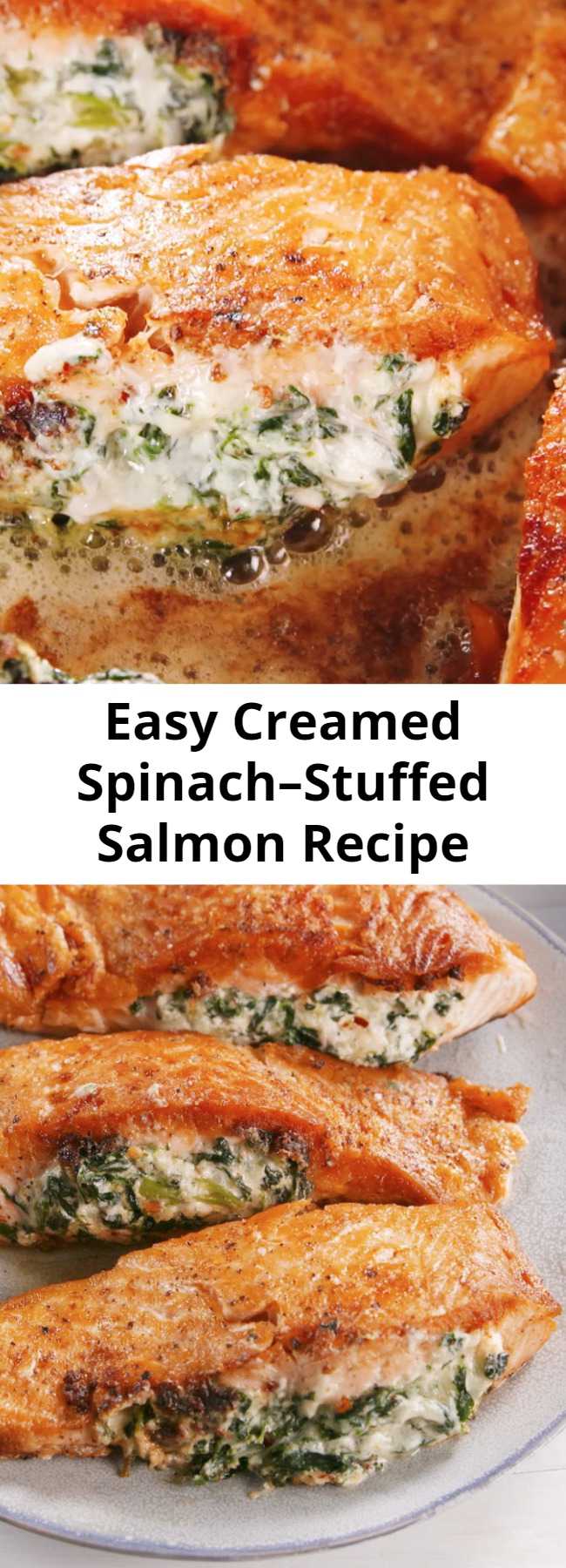 Creamed Spinach–Stuffed Salmon Recipe - If you're skeptical about the combination of cheese and salmon, don't be. We promise you, it's AMAZING. #easy #recipe #salmon #stuffed #seafood #dinners #creamcheese #cheesy #garlic #stuffing