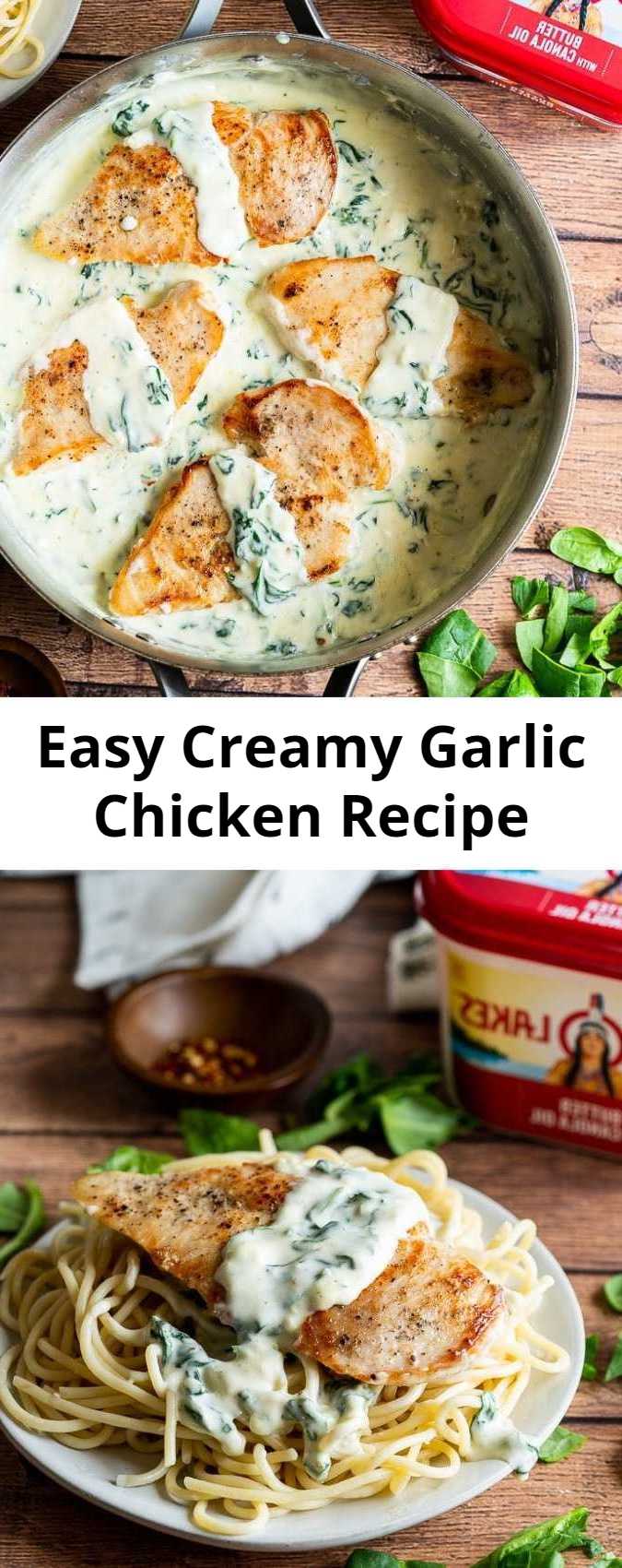 Easy Creamy Garlic Chicken Recipe - This Creamy Garlic Chicken Recipe with spinach in a creamy parmesan cheese sauce is delicious over hot pasta.