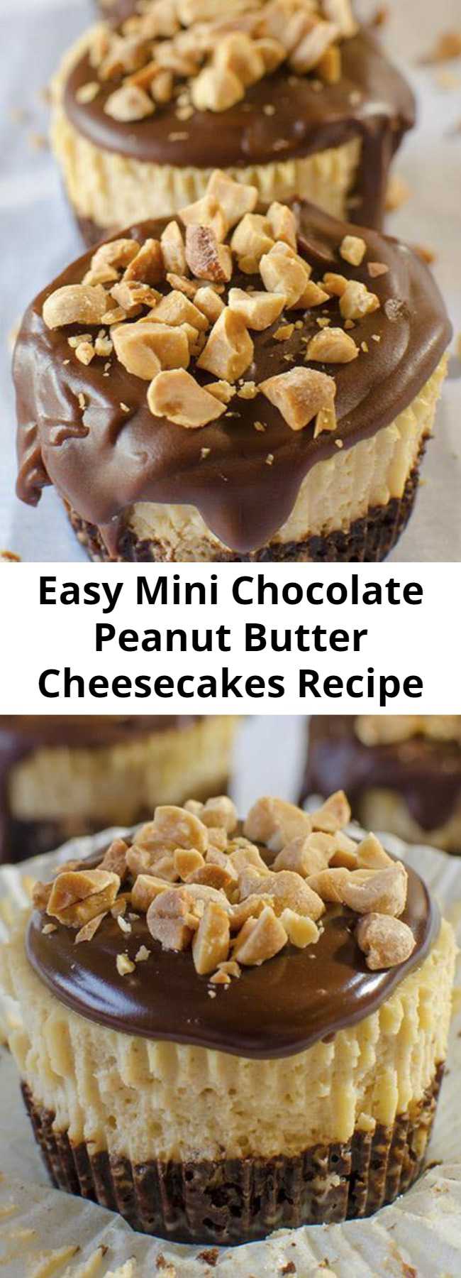 Easy Mini Chocolate Peanut Butter Cheesecakes Recipe - Mini Chocolate Peanut Butter Cheesecakes are delicious individual portions of peanut butter cheesecakes with chocolate graham cracker crust and chocolate ganache topping. This cute homemade cheesecake recipe is a great dessert for your child’s school bake sale, or your next party!