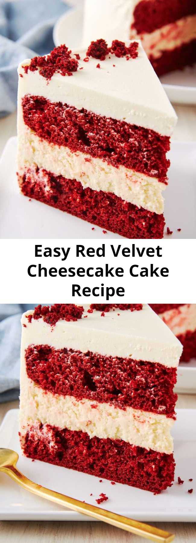 Easy Red Velvet Cheesecake Cake Recipe - Nothing screams Christmas dessert like red velvet cake. We made it even crazier by layering two cakes between a thick layer of plain cheesecake. #easy #recipe #redvelvet #cheesecake #cake #baking #desserts #holidays #christmas #menuideas #creamcheese #frosting