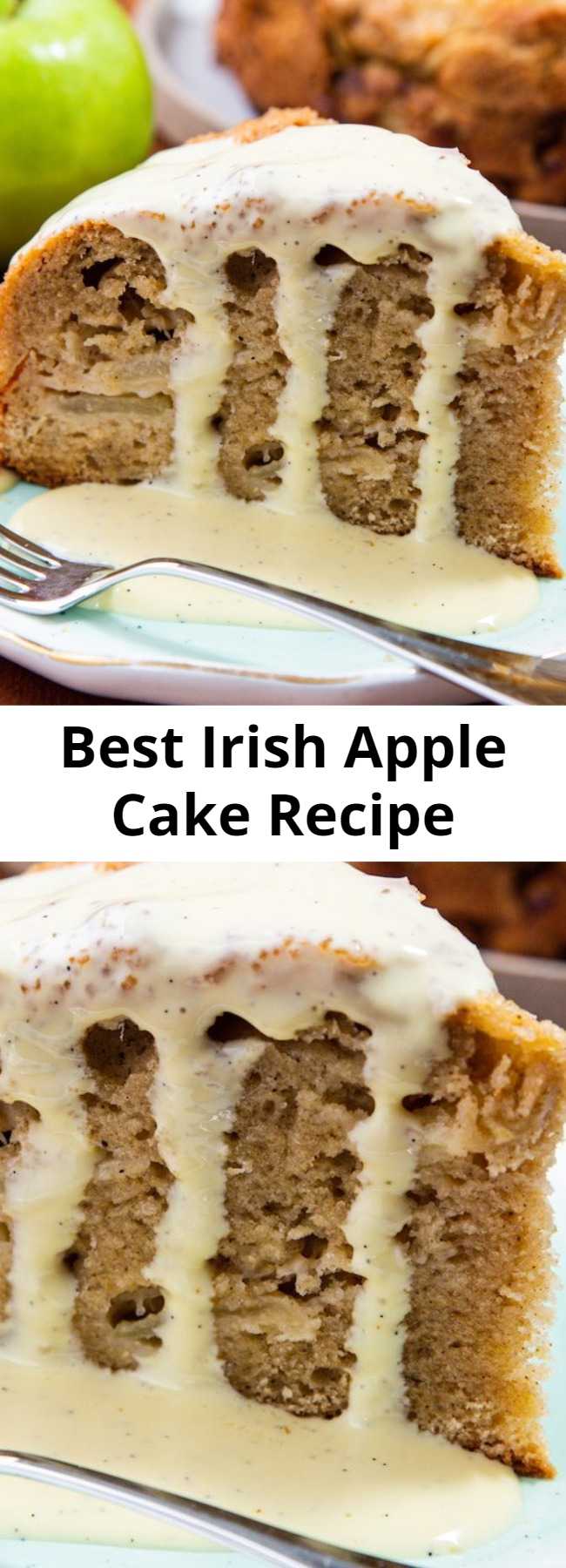 Best Irish Apple Cake Recipe - A classic cake boasting tons of apples, lots of warm spices, a crispy sugar topping, and a rich vanilla custard sauce. This tender cake is jam-packed with apples, which is why we think it's perfectly appropriate to eat a slice for breakfast. 😉