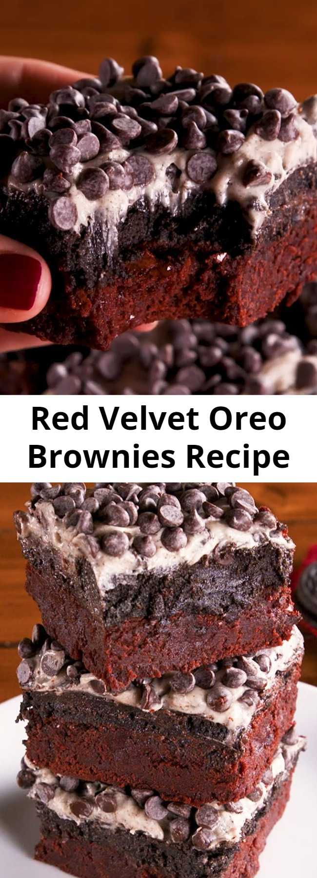 Red Velvet Oreo Brownies Recipe - Chewy red velvet brownies are topped with an Oreo truffle mixture, cream cheese frosting, and mini chocolate chips for layer after layer of decadence. It's a dream brownie that is now a reality. Oreo fans be prepared.