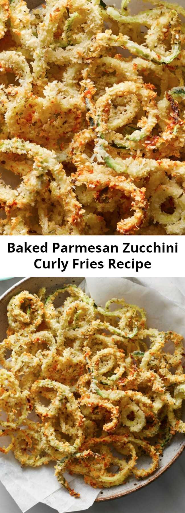 Easy Baked Parmesan Zucchini Curly Fries Recipe - This healthy recipe combines two bar food favorites--fried zucchini and curly fries--into one tempting package. Serve these baked zucchini fries with a simple dipping sauce made with ranch dressing and marinara sauce for a crowd-pleasing appetizer or a side dish for burgers, chicken or pizza. No matter what you serve them with, they're a fun way to eat more vegetables for kids and adults alike. #comfortfood #healthycomfortfood #recipe #healthy