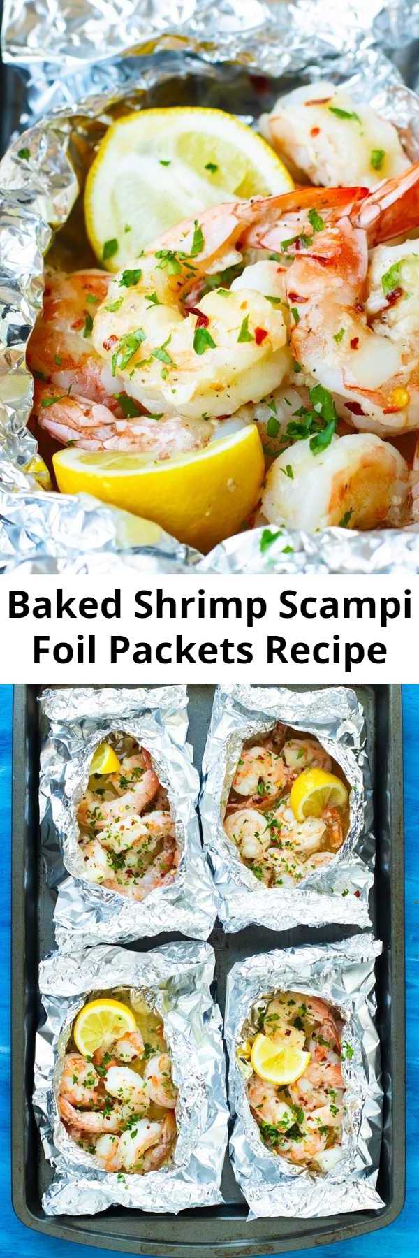 Baked Shrimp Scampi Foil Packets Recipe - Baked Shrimp Scampi is tossed in a delicious garlic and butter white wine sauce, made in convenient foil packets, and is healthy, low-carb, gluten-free, low-carb, and can be made Paleo and Whole30.  This easy weeknight dinner recipe comes together in under 20 minutes, too! #lowcarb #keto #shrimp #dinner