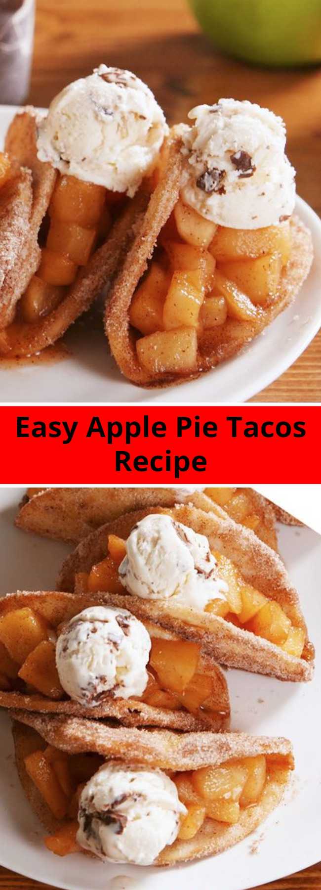 Easy Apple Pie Tacos Recipe - Don't be intimidated by the frying! It's actually easy. Once the tortilla hits the hot oil, it crisps up and keeps it shape quickly. Just know you'll need to use your tongs pretty much the whole time. #applepie #desserttacos #applepierecipes #apple #cinnamon #fruitdesserts #vanillaicecream