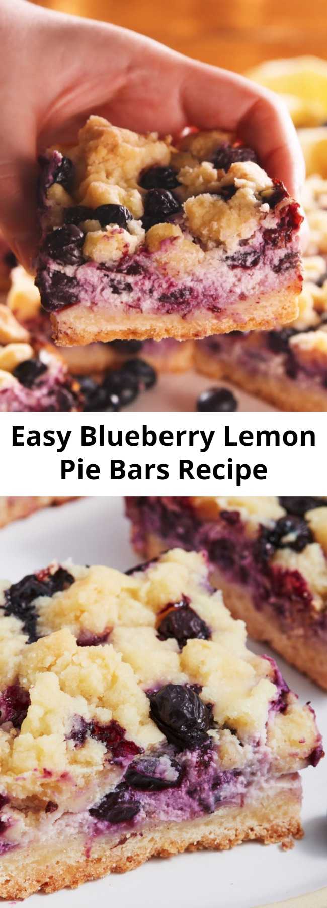 Easy Blueberry Lemon Pie Bars Recipe - Lemons and blueberries go together like spring and sunshine. They are the perfect combo and these cookie pie bars are our favourite yet! Zesty, creamy and with a steusel crumble topping, these flavoursome bars are like sunshine in cake form.