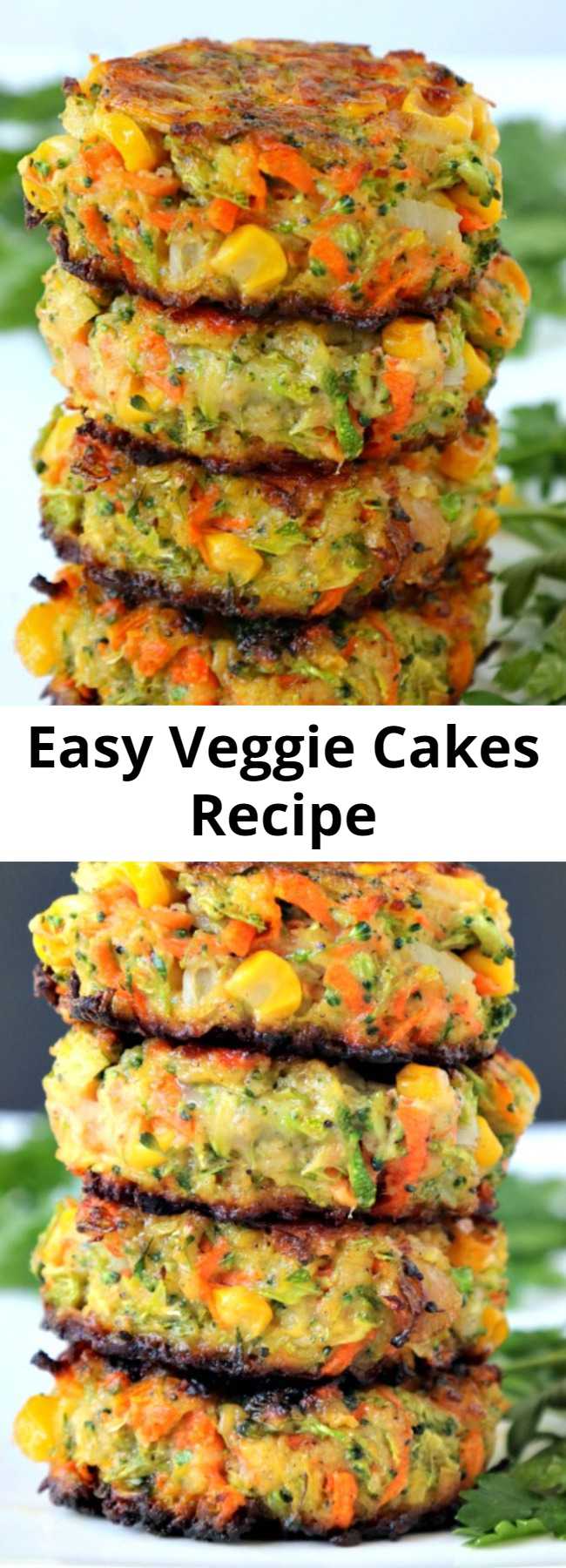 Easy Veggie Cakes Recipe - Crispy, easy veggie cakes made with grated vegetables – carrots, zucchini, broccoli and corn. Great for lunches, side dish or your small picky eaters. Fluffy Vegetable Cakes perfect for a side or a Meatless Monday meal. #vegetablefritters #veggiecakes #vegetablecake