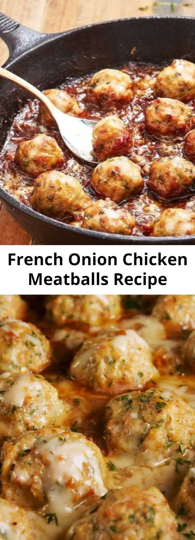 French Onion Chicken Meatballs Recipe - We think everything can be improved by adding meatballs to it. Even French onion soup. It turns an appetizer soup into a full meal, and don't worry, we added even more cheese to it. Gruyère goes into the meatballs and then the whole thing gets topped with more of it before serving. And of course, there's plenty of caramelized onions. #easy #recipe #chickenrecipes #dinnerrecipes #lowcarb #keto #frenchonion #chickenmeatballs #meatballs