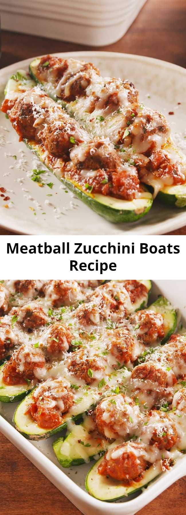 Meatball Zucchini Boats Recipe - Meatball Zucchini Boats are the low-carb, high-protein way to eat a meatball sub. Want to go even MORE low-cal? Try these with ground turkey or chicken instead! #healthyrecipes #easyrecipes #meatballs #zuccchiniboats
