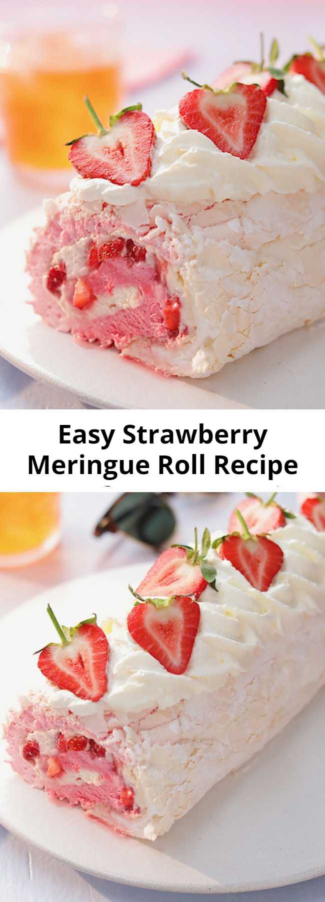 Easy Strawberry Meringue Roll Recipe - We've combined a pavlova and a swiss roll to make your ultimate fruity dessert! This strawberry meringue roll is a sure crowd pleaser!