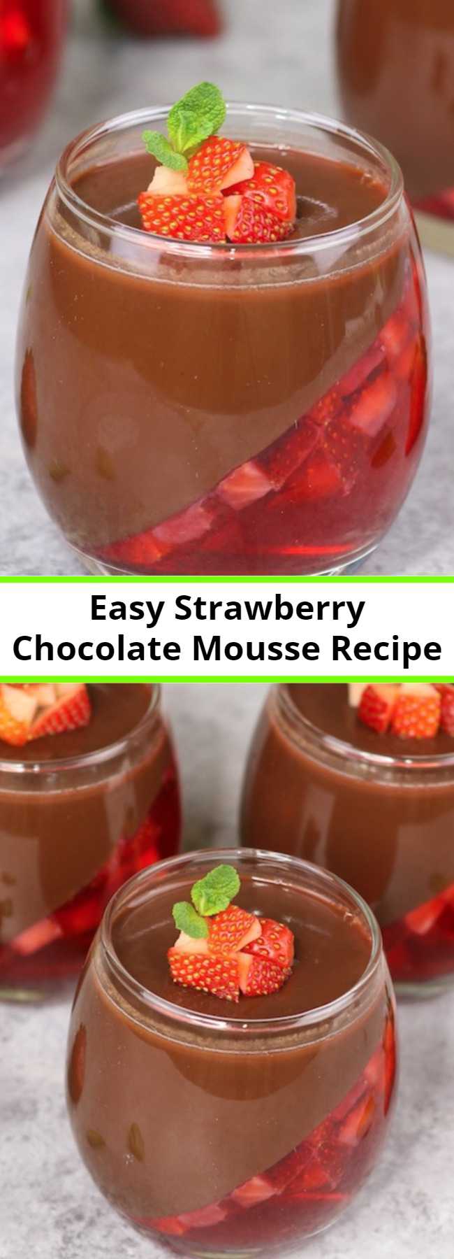 Easy Strawberry Chocolate Mousse Recipe - Strawberry Chocolate Mousse is a delicious make ahead dessert with two layers that you can easily prepare. All you need is a few simple ingredients: fresh strawberries, strawberry jello powder, water, cocoa, sugar, half and half milk and unflavored gelatin. Make this for Valentine's Day, birthdays, Mother's Day, holidays and date night. Make ahead recipe, no bake.