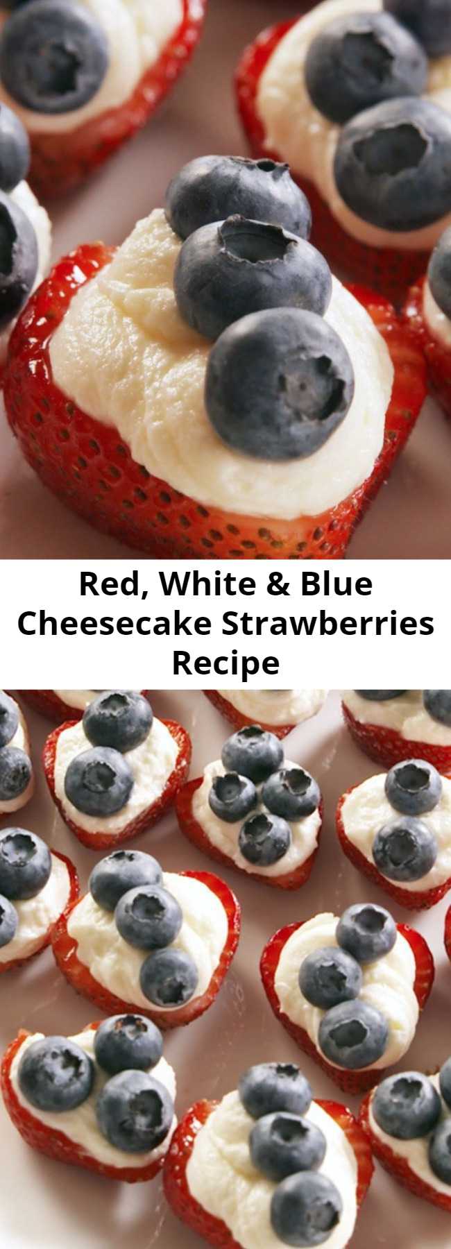 Red, White & Blue Cheesecake Strawberries Recipe - When you're looking for an easy July 4th dessert, look no further than these adorable — and, ugh, so addictive — red, white, and blue strawberries. The slightly sweet cheesecake filling is the perfect complement to the berries. They might be better than watching the fireworks.