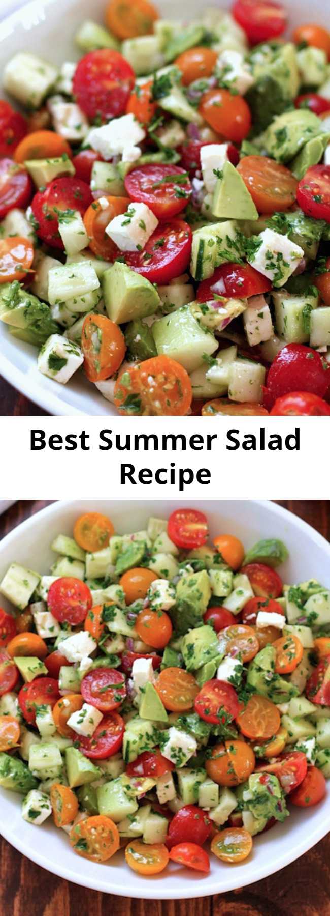 Best Summer Salad Recipe - This tomato, cucumber, avocado salad is an easy, healthy, flavorful summer salad.  It’s crunchy, fresh and simple to make.  It’s a family favorite and ready in less than 15 minutes.