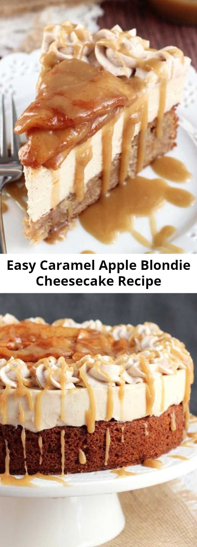 Easy Caramel Apple Blondie Cheesecake Recipe - This Caramel Apple Blondie Cheesecake is pure caramel apple heaven, I kid you not. It has layers of apple spice blondie and no-bake caramel cheesecake, and it’s topped with cinnamon apples and caramel sauce!