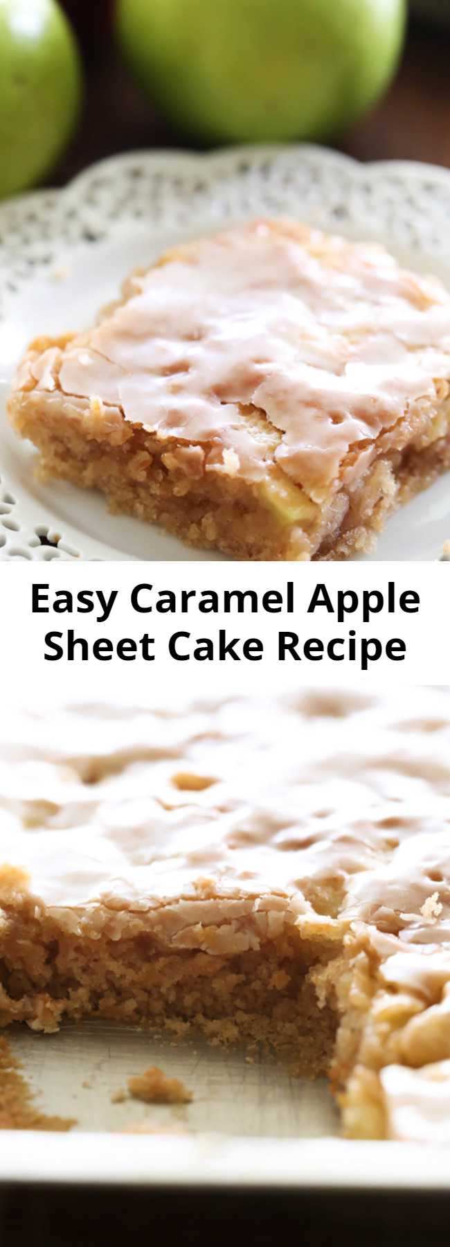 Moist Caramel Apple Sheet Cake Recipe - This delicious apple cake is perfectly moist and has caramel frosting infused in each and every bite! It is heavenly!