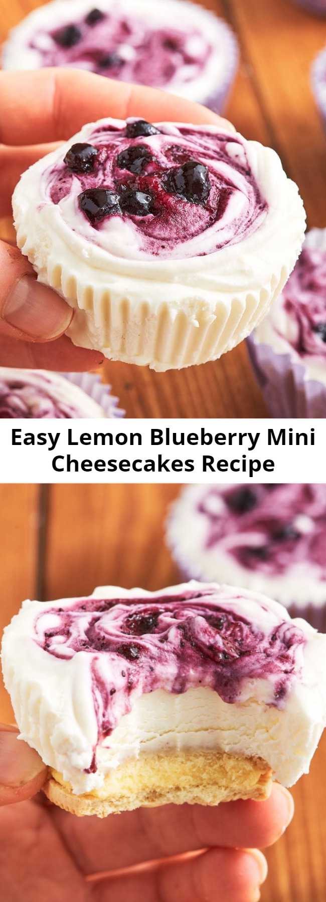 Easy Lemon Blueberry Mini Cheesecakes Recipe - These Lemon Blueberry Mini Cheesecakes are the perfect tiny dessert to satisfy your sweet tooth without going overboard. Sweet blueberry jam and tart lemon go together perfectly in these cheesecakes Mini cheesecakes, MASSIVE flavor. #lemon #blueberry #lemonblueberry #cheesecakes #minidesserts #cheesecakedesserts #partydesserts