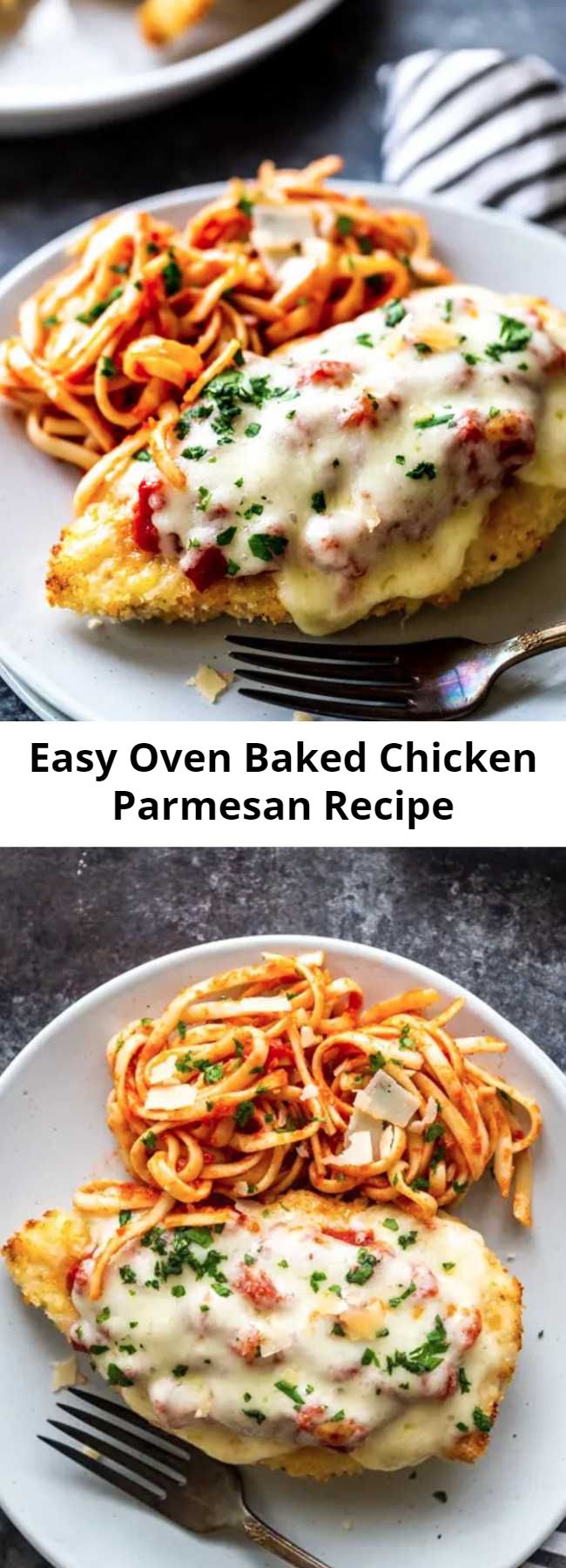 Easy Oven Baked Chicken Parmesan Recipe - This delicious Oven Baked Chicken Parmesan recipe is easy and doesn't require any frying. Because this chicken Parmesan is baked, it is healthy, quick and easy! Make this crispy baked Parmesan crusted chicken for dinner tonight in about thirty minutes!