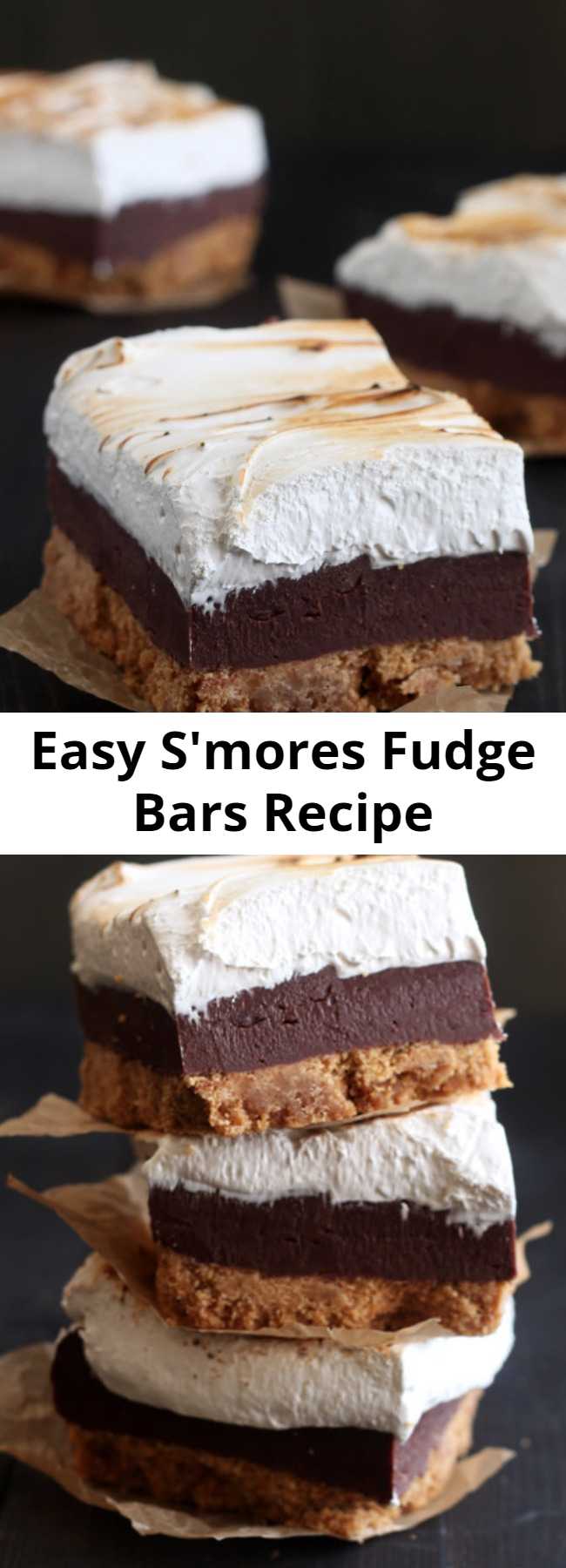 Easy S'mores Fudge Bars Recipe - S'mores Fudge Bars have a thick layer of buttery graham cracker crust, fudgy chocolate filling, and a homemade toasted marshmallow topping. Incredible! Perfect easy summer dessert recipe!