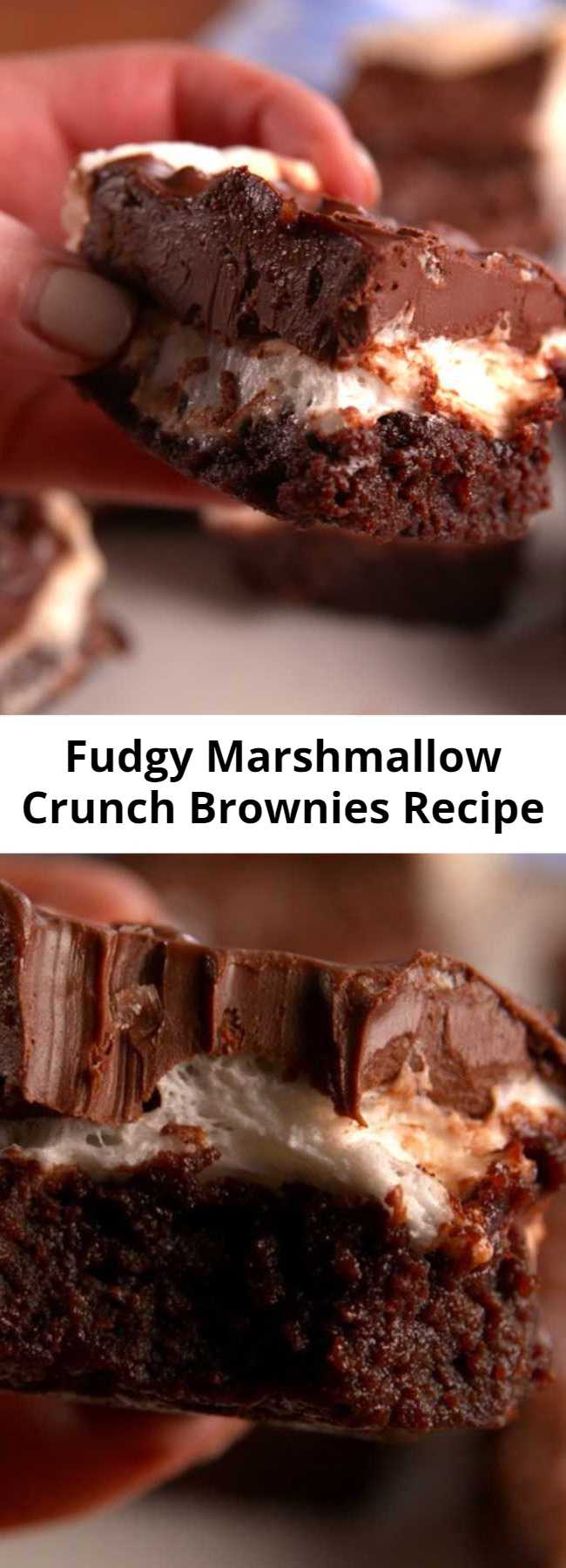 Fudgy Marshmallow Crunch Brownies Recipe - Fudgy, chewy, and completely gluten-free. Super fudgy brownies topped with a layer of marshmallows and a chocolate, peanut butter and Rice Krispies mixture.