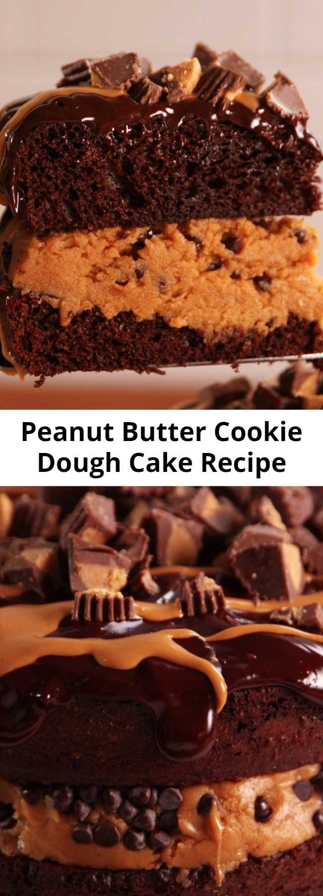Peanut Butter Cookie Dough Cake Recipe - If you like shoveling mounds of cookie dough into your face, you're going to love this cake. This mashup cake squeezes layers of peanut butter cookie dough in between layers of chocolate cake and it's as amazing as it sounds.