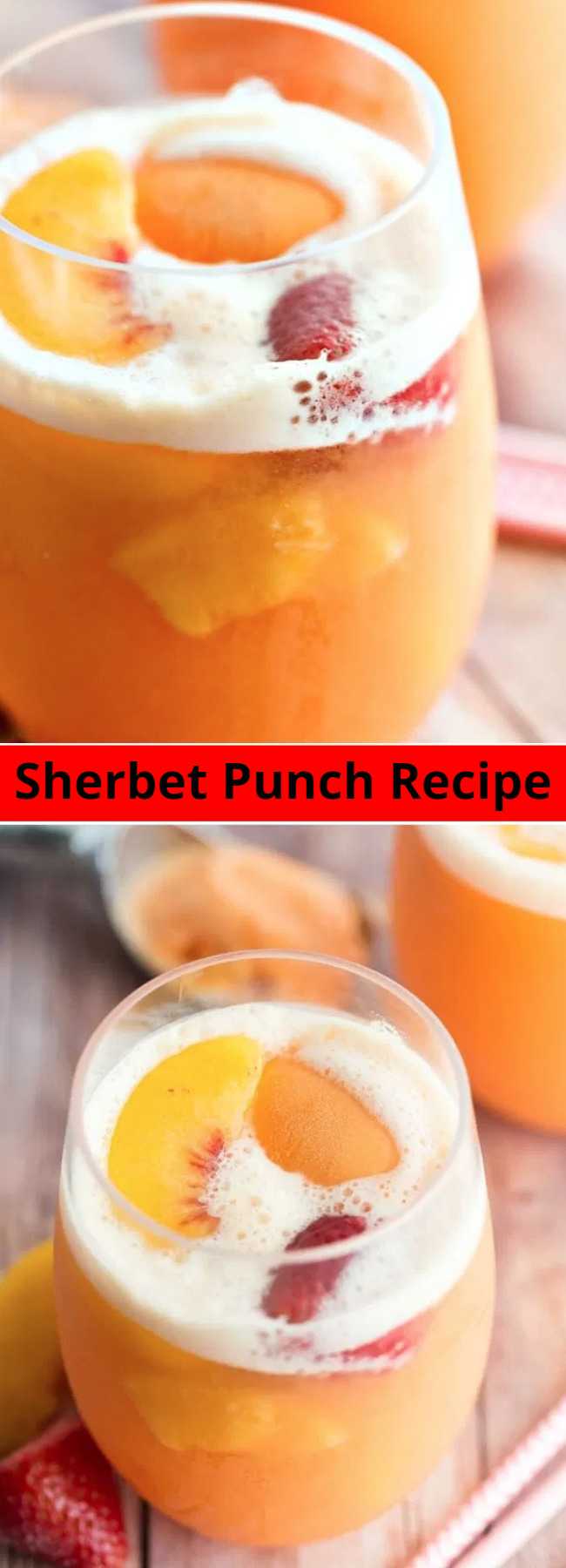 Sherbet Punch Recipe - Sherbet punch made with ginger ale, white grape juice, peaches, and strawberries is the best punch recipe ever! Perfect party punch for your next baby shower, wedding shower, summer party, or random Tuesday afternoon!