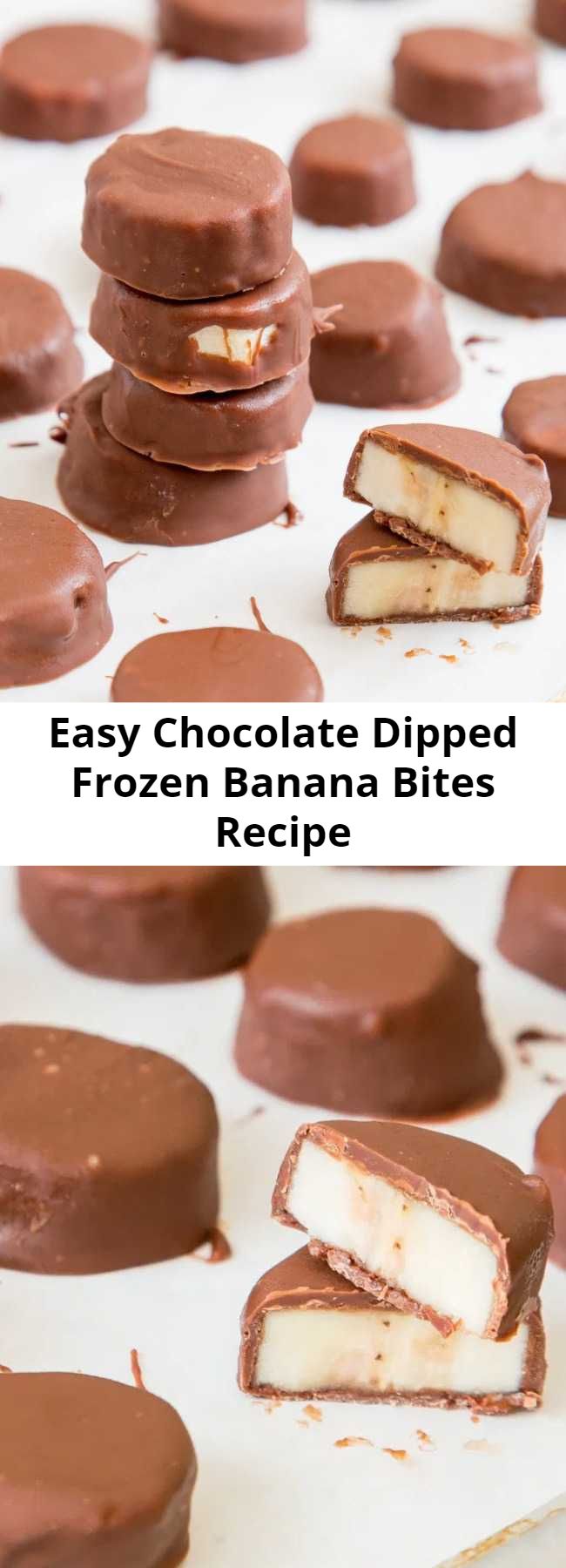 Easy Chocolate Dipped Frozen Banana Bites Recipe - These Chocolate Dipped Frozen Banana Bites are perfect little snacks with just 3 ingredients! So easy and tasty!