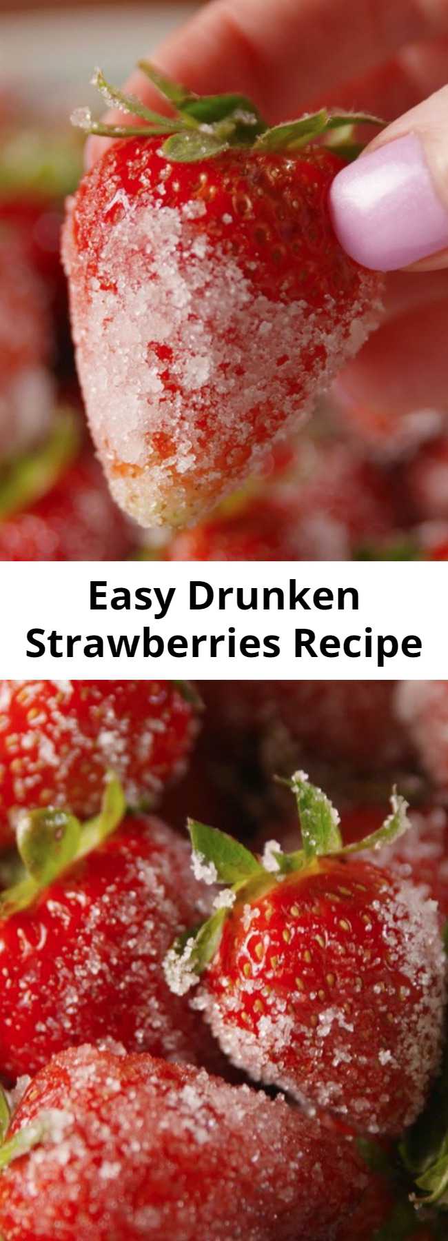 Easy Drunken Strawberries Recipe - This easy drunken strawberries recipe or whatever you want to call them, you’ll be calling them the perfect summer treat! Perfect to eat by themsleves or top a dessert. Easy to make with just 3 ingredients, you are going to love these boozy frozen strawberries!