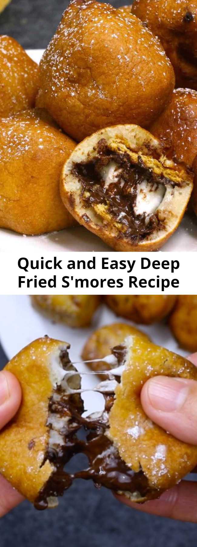 Quick and Easy Deep Fried S'mores Recipe – OMG seriously one of the most delicious dessert! Smores dipped in homemade batter, and fried to a fluffy, golden crispy ball with a warm and melty chocolate chips and marshmallow inside. Quick and easy recipe. Perfect for party desserts. No bake, vegetarian.