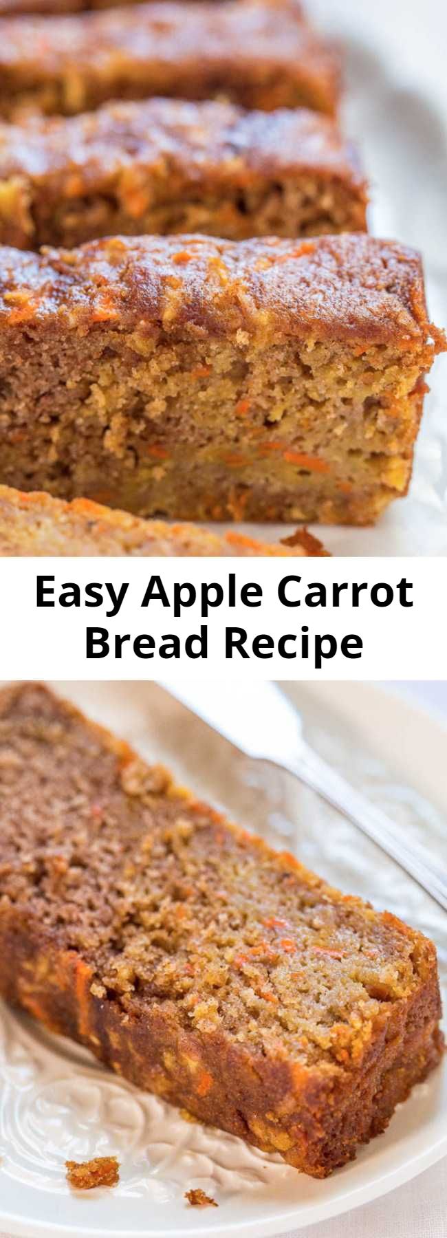 Easy Apple Carrot Bread Recipe - This apple carrot bread tastes like carrot cake that’s been infused with apples. It’s a no mixer recipe that goes from bowl to oven in minutes!