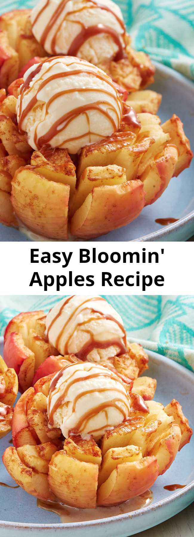 Easy Bloomin' Apples Recipe - We took inspo from the ever popular bloomin' onion and made a just as fun dessert. Though these finished bloomin' apples look insane, they're actually quite easy to make. Because apples can turn brown really quickly, you'll want to brush them with butter and get them in the oven pretty quickly after slicing them. If you want to take your time, squeeze lemon juice all over the cut side to prevent browning. These are also so fun to make in the air fryer!