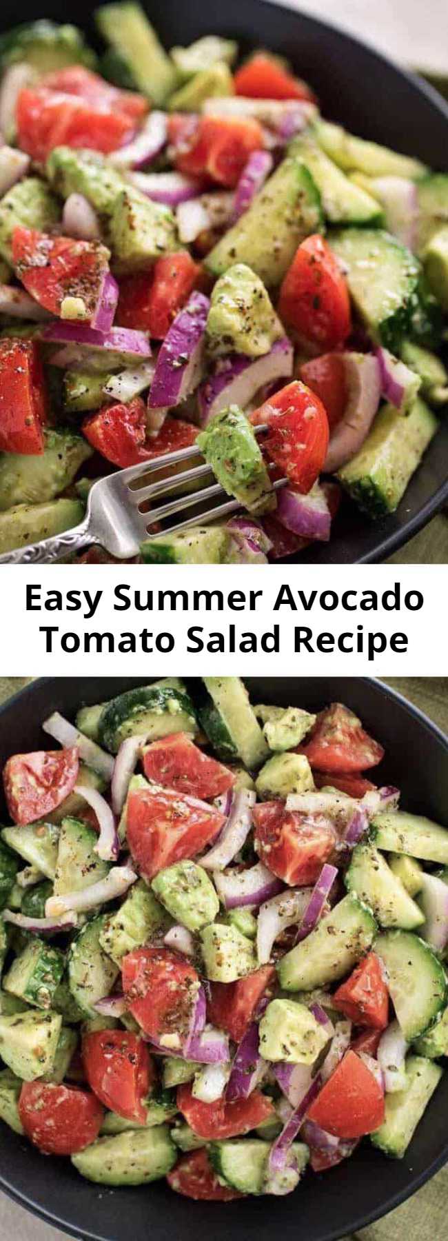Easy Summer Avocado Tomato Salad Recipe - This fresh and delicious Avocado Tomato salad recipe is made with cucumbers, tomatoes, and avocados mixed in with a unique and flavorful dressing. So refreshing, perfect for the summer and pairs well with any meal as a side dish or enjoy on its own!