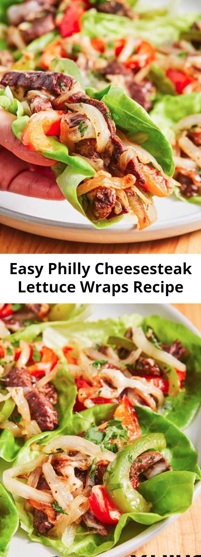 Easy Philly Cheesesteak Lettuce Wraps Recipe - You won't miss the hoagie in these low-carb Philly Cheesesteak lettuce wraps. Make your favorite sandwich without the carbs. #food #healthyeating #gf #glutenfree #easyrecipe