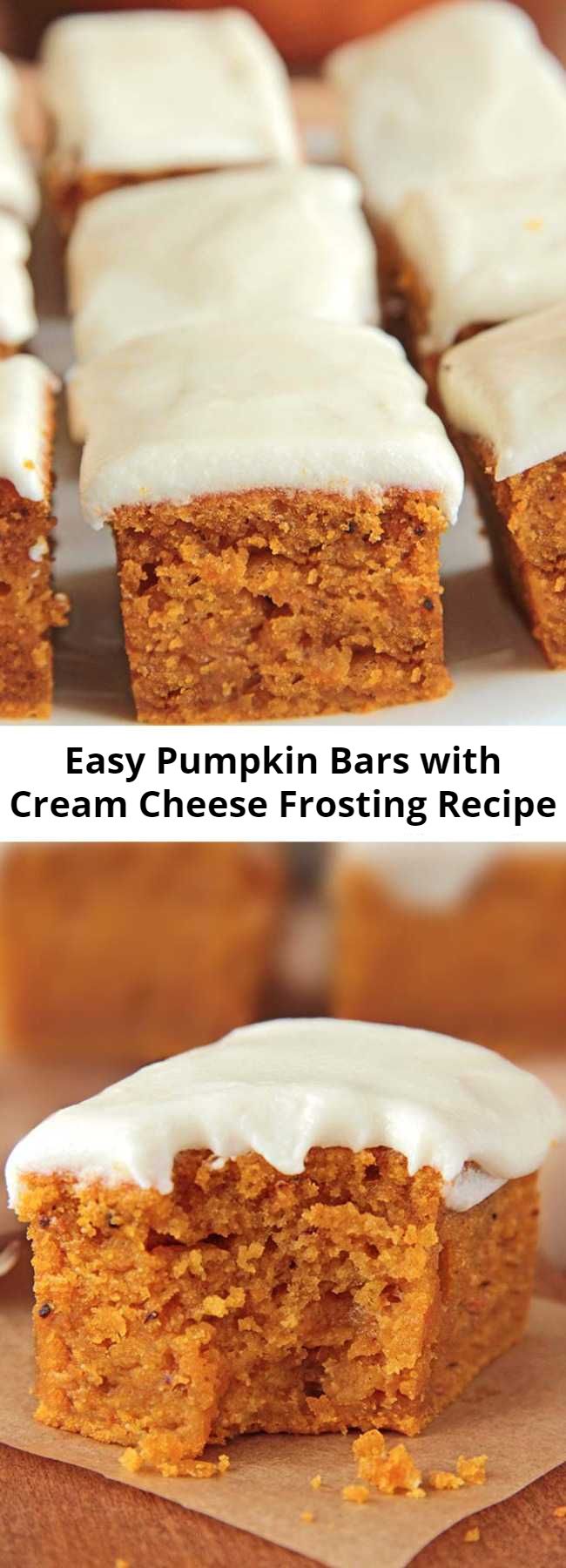 Easy Pumpkin Bars with Cream Cheese Frosting Recipe - A perfect fall dessert, delicious pumpkin bars with cream cheese frosting. These pumpkin pie bars are a delicious cross between a quick bread and a delicate cake, loaded with pumpkin and topped with a delicate cream cheese frosting.
