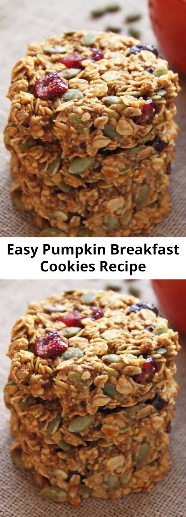Easy Pumpkin Breakfast Cookies Recipe - These healthy Pumpkin Breakfast Cookies make a nutritious and grab-and-go breakfast that tastes like fall! This gluten-free and clean eating breakfast treat is made with wholegrain oats, cranberries, pumpkin seeds and honey.