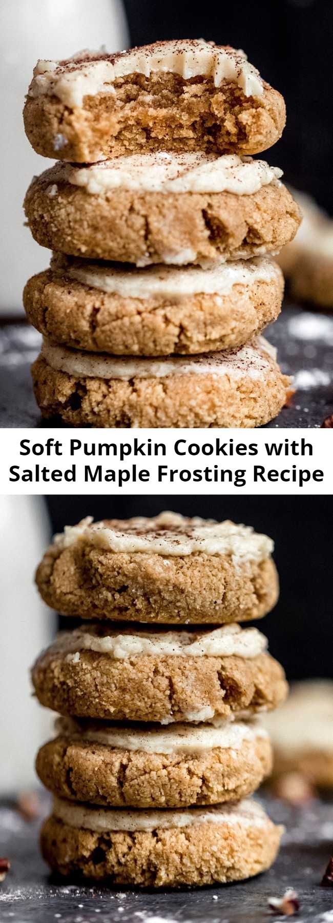 Soft Pumpkin Cookies with Salted Maple Frosting Recipe - These healthy soft pumpkin cookies with an addicting salted maple frosting are absolutely delicious! These melt-in-your-mouth cookies are both gluten free and grain free and taste like a slice of your favorite pumpkin pie! #cookies #pumpkin #pumpkinrecipe #healthydessert #glutenfree #baking #grainfree