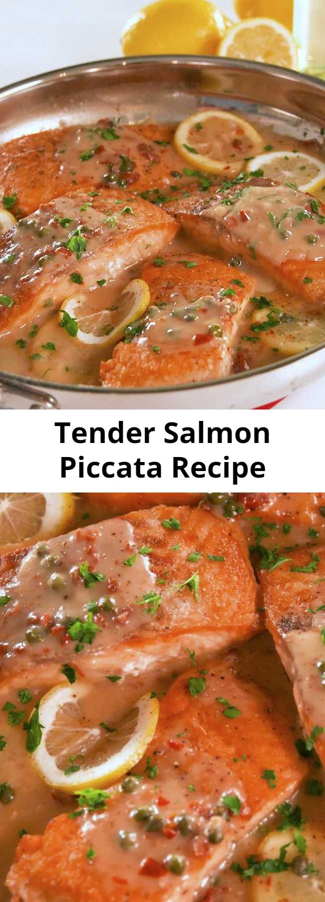Tender Salmon Piccata Recipe - Tender lemony salmon piccata is ready in 30 min. Get started on that Mediterranean diet with this recipe. Fish are friends AND food. #easyrecipe #salmon #seafood #dinner #fish