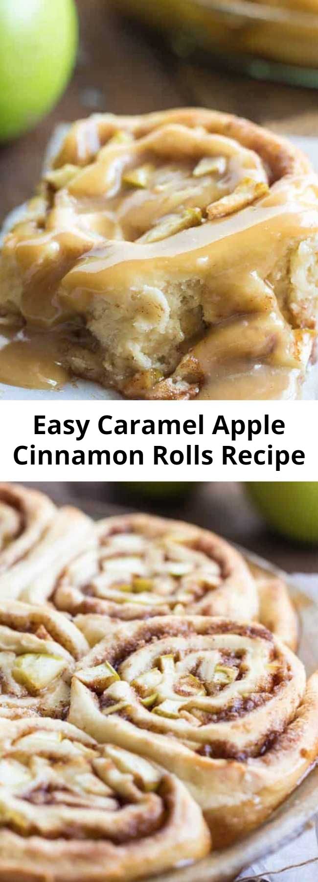 Easy Caramel Apple Cinnamon Rolls Recipe - Caramel Apple Cinnamon Rolls are a quick and easy cinnamon roll stuffed with real apples and drizzled with caramel. Ready within an hour!